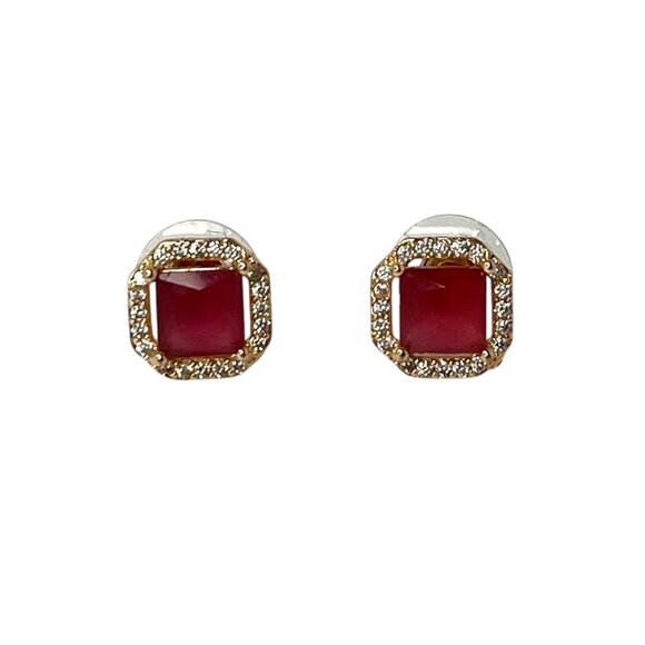 Elegant Ruby Red & Diamond-Look Halo Stud Earrings Gold-Tone Classic Fashion - Picture 1 of 6